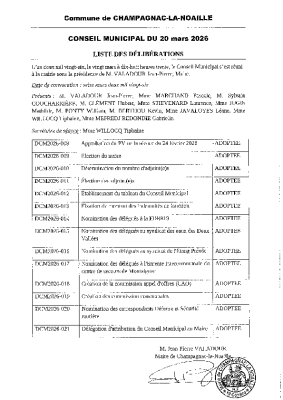 Liste des délibérations du 20 mars 2026