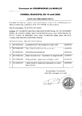 Liste des délibérations du 15 avril 2026
